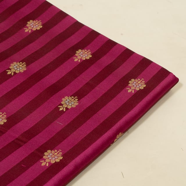 Wine Color Satin Jamawar Stripes Booti Fabric