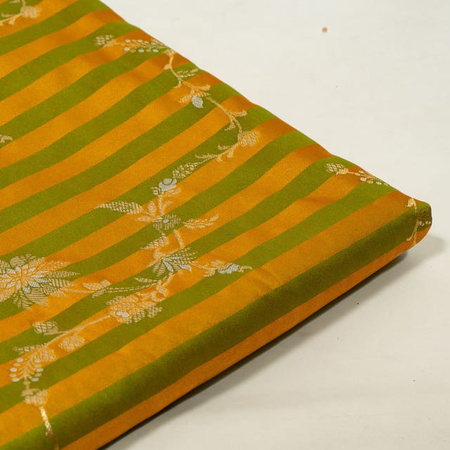 Green Color Satin Jamawar Stripes Jaal Fabric