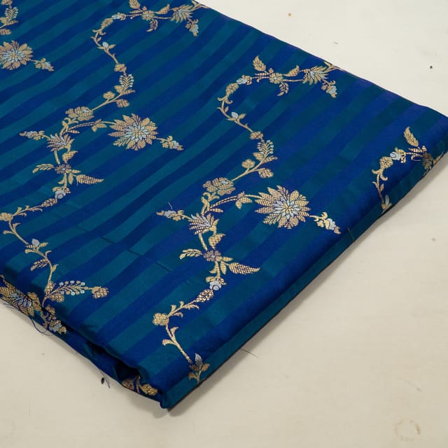 Blue Color Satin Jamawar Stripes Jaal Fabric