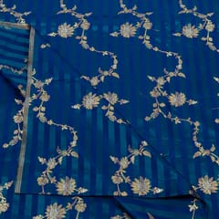 Blue Color Satin Jamawar Stripes Jaal Fabric