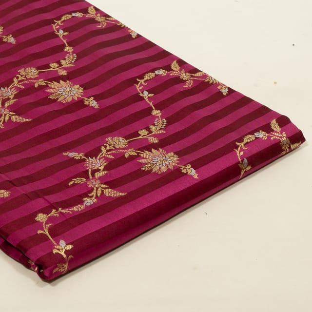 Wine Color Satin Jamawar Stripes Jaal Fabric