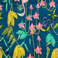 Teal Blue Colour Floral Pure Dupion Silk Print Fabric