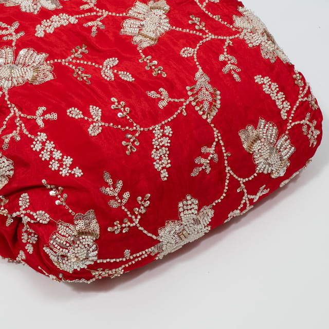 Red Color Crepe Embroidered Fabric