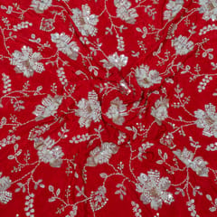 Red Color Crepe Embroidered Fabric