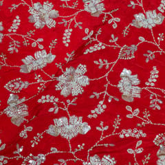 Red Color Crepe Embroidered Fabric