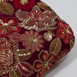 Wine Color Chinon Chiffon Embroidered Fabric