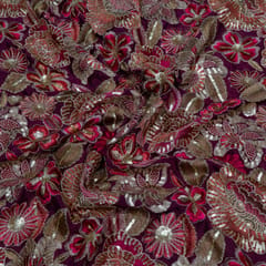 Wine Color Chinon Chiffon Embroidered Fabric