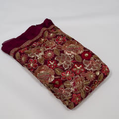 Wine Color Chinon Chiffon Embroidered Fabric