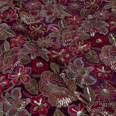 Wine Color Chinon Chiffon Embroidered Fabric
