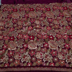 Wine Color Chinon Chiffon Embroidered Fabric