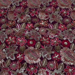 Wine Color Chinon Chiffon Embroidered Fabric