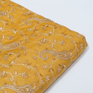 Mustard Color Monga Silk Embroidered Fabric