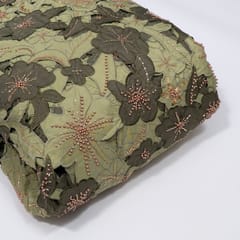 Green Color Crepe Cutwork Embroidered Fabric