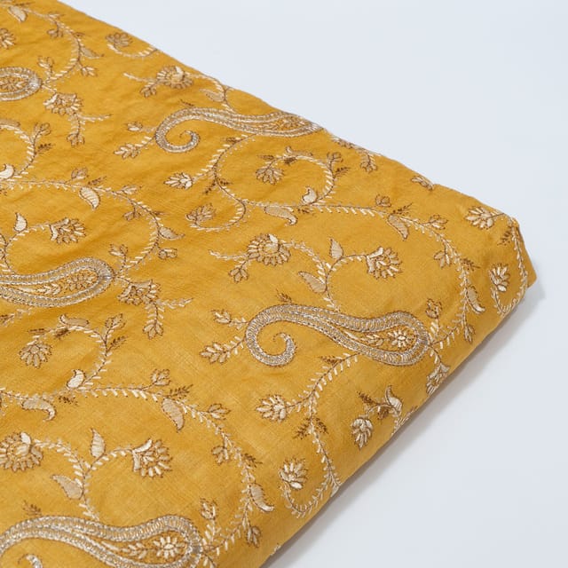 Mustard Color Monga Silk Embroidered Fabric