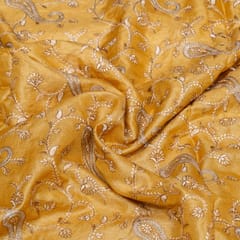 Mustard Color Monga Silk Embroidered Fabric