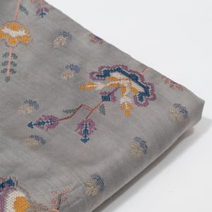Grey Color Monga Silk Embroidered Fabric