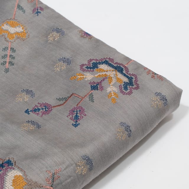 Grey Color Monga Silk Embroidered Fabric