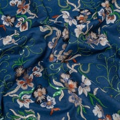 Blue Color Denim Embroidered Fabric