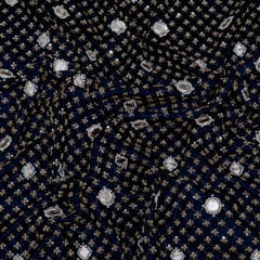 Navy Blue Color Velvet Embroidered Fabric