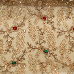 Gold Color Net Cutwork Embroidered Fabric