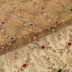 Gold Color Net Cutwork Embroidered Fabric