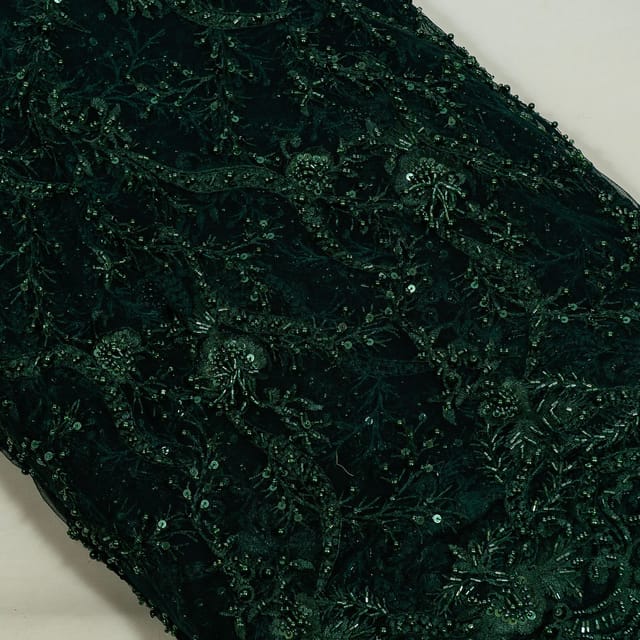 Bottle Green Colour Net Embroidered Fabric (1Meter Cut Piece)