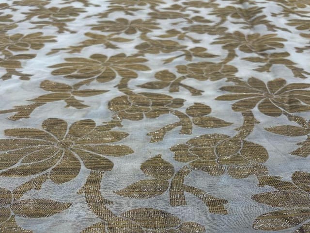Dyeable Banarasi Semi Georgette White Golden Floral 4
