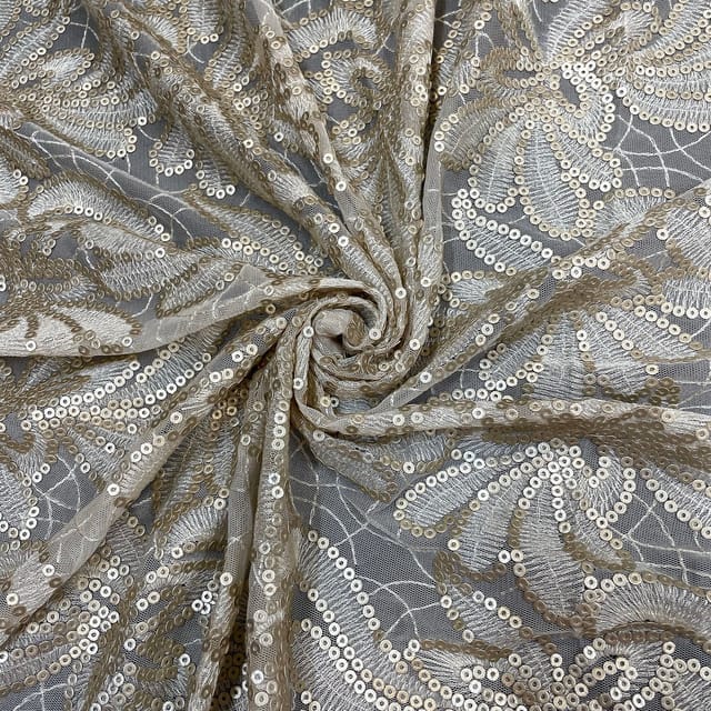 White Colour Net Sequins Embroidered Fabric