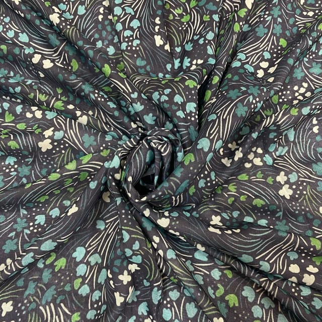 Dark Blue Colour Muslin Printed Fabric