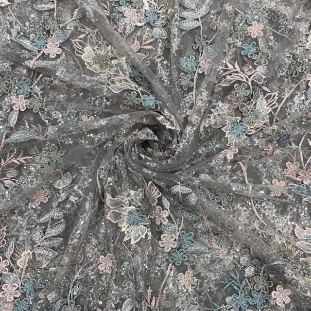 Grey Colour Floral Embroidered Net Fabric