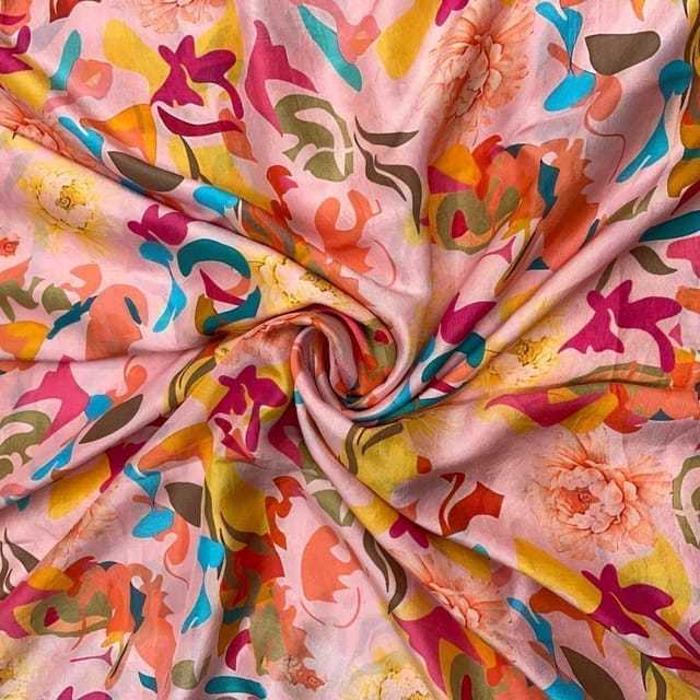 Light Pink MultiColour Abstract Dupion Print Fabric