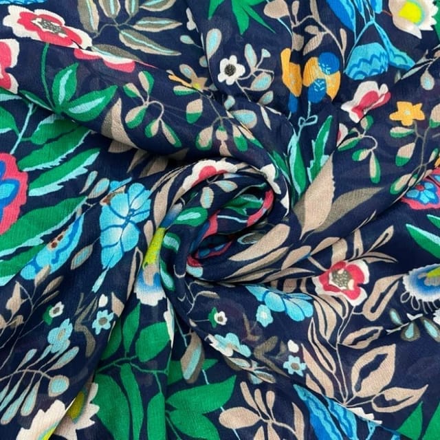 Navy Blue MultiColour Floral  Chiffon Printed Fabric