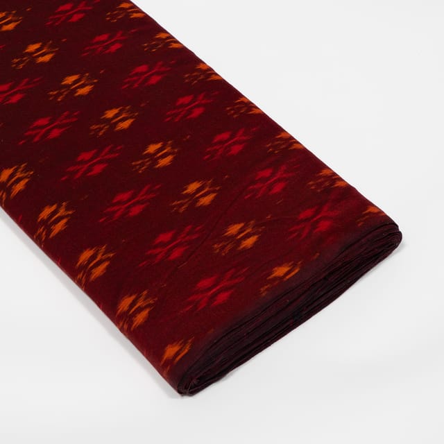 Maroon Base Mustard Color Mercerised Cotton Handloom Ikat Fabric