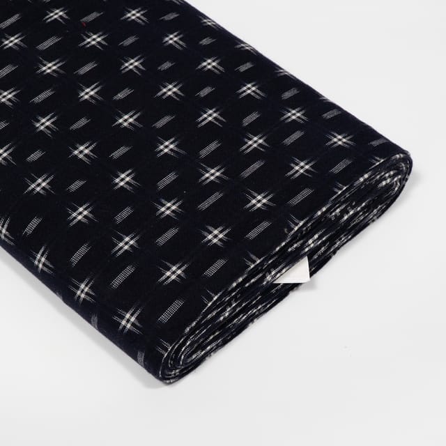 Dark Navy Blue Color Handwoven Cotton Double Ikat Fabric