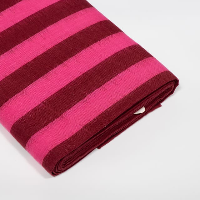 Pink and Burgandy Color Stripe Handwoven Cotton Double Ikat Fabric