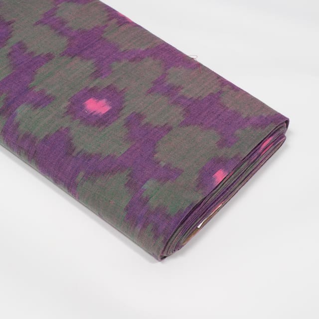 Green and Pink Color Floral Fine Quality Handloom Cotton Ikat Fabric