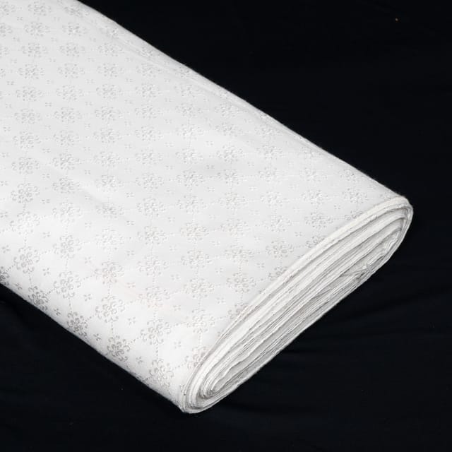 White Color Self Floral Design Poly Cotton Fabric