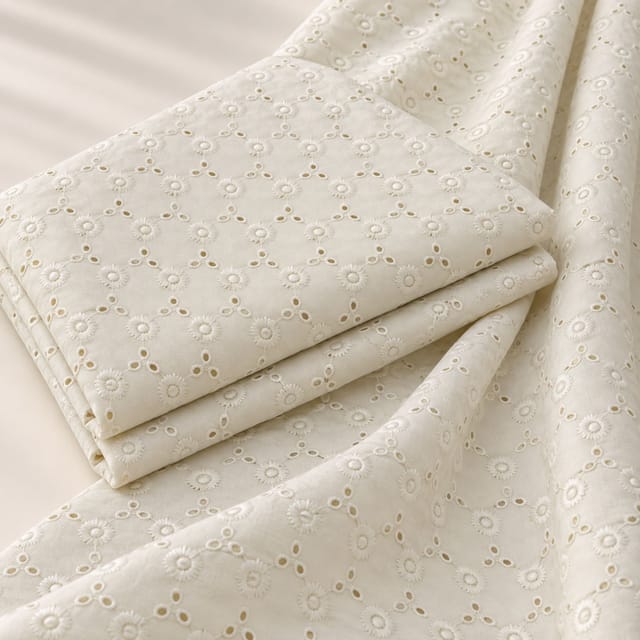 Off White Heavy Hakoba Fabric | Embroidered Cotton for Kurtis, Dresses & Blouses