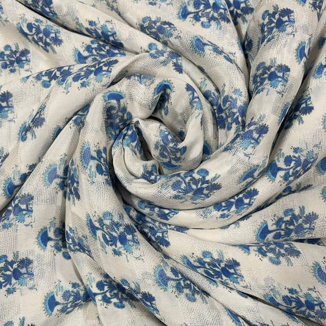 White Colour Pure Silk Checknet Printed Fabric