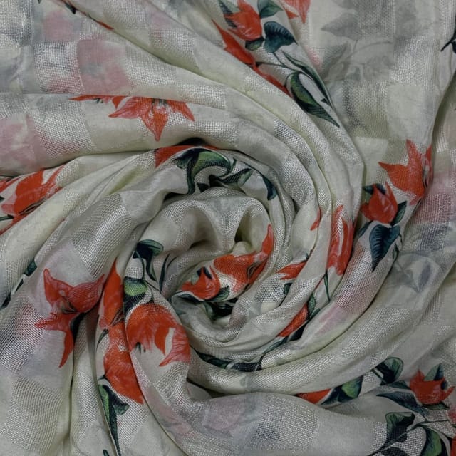 Green Colour Pure Silk Checknet Printed Fabric