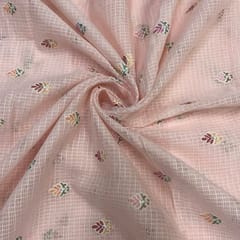 Peach Leaves Cotton Kota checks Embroidered Fabric