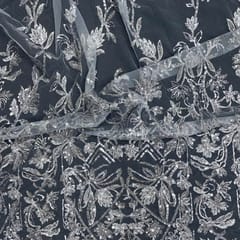 Grey Colour Geometric Embroidered Net Fabric