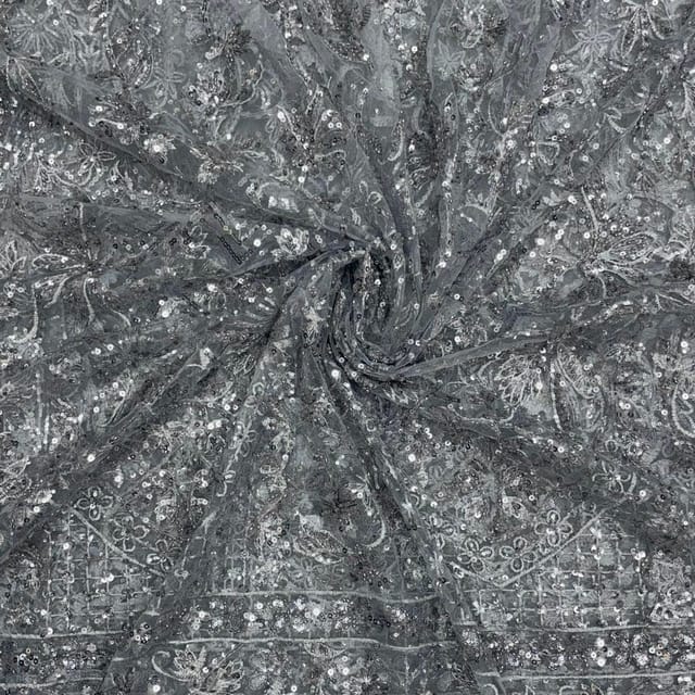 Grey Colour Geometric Embroidered Net Fabric