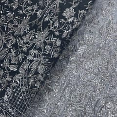 Grey Colour Geometric Embroidered Net Fabric