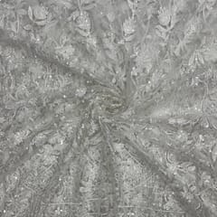 White Colour Geometric Embroidered Net Fabric