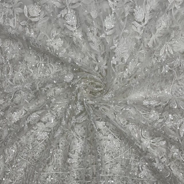 White Colour Geometric Embroidered Net Fabric