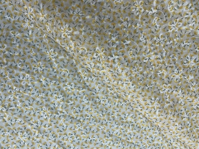 Yellow Colour Floral Flat Embroiderd Chiffon Fabric