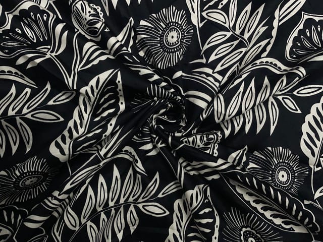 Black & White Floral Modal Satin Print Fabric