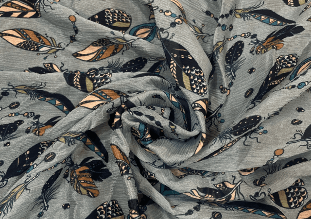 Sapphire Blue Leaves Printed Chiffon Fabric