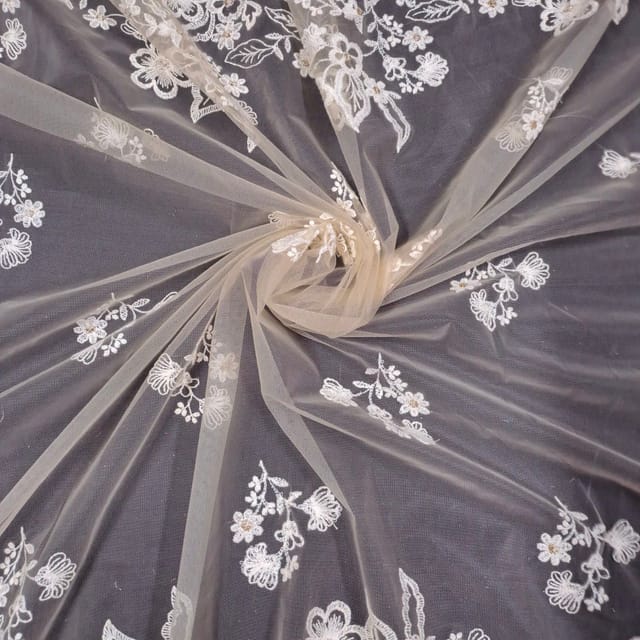 Light Gold Colour Net Embroidered Fabric